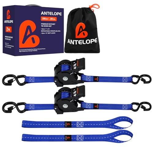 Retractable Ratchet Straps (2PK) - 1 in x 12 ft Automaitc Ratchet Tie Down Straps with Soft Loops, 1500lb Break Strength Self Retracting Strap for Motorcycle, Truck, Cargo, Trailer, ATVs, UTVs -Blue - color: Blue, size: 2pack