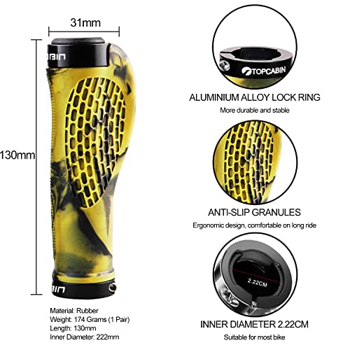 TOPCABIN Ergonomic Bike Grips - Widen Holding Rubber Grips with Aluminum LockGrips for Mountain & Road Bikes - color: Rubber Yellow (1 Pair)