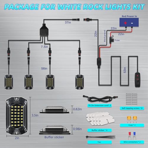 4Pods Full Angle All Pure White LED Rock Lights Full Kit Plug and Play & Pre Wired 6500K with Switch Harness Wiring Extension Fuse, 112Chips Waterproof 12V for ATV UTV SXS RZR Offroad Four Wheelers - size: 4Pods