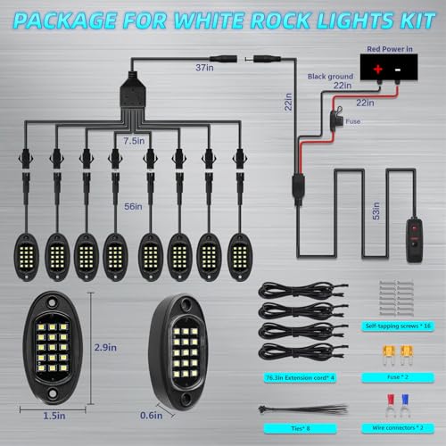 8Pods All Pure White LED Rock Lights Full Kit Plug and Play & Pre Wired 6500K with Switch Wiring Harness Extension Fuse, 120Chips Waterproof 12V for Jeep Truck Trailer Offroad ATV UTV SXS - size: 8Pods ABS