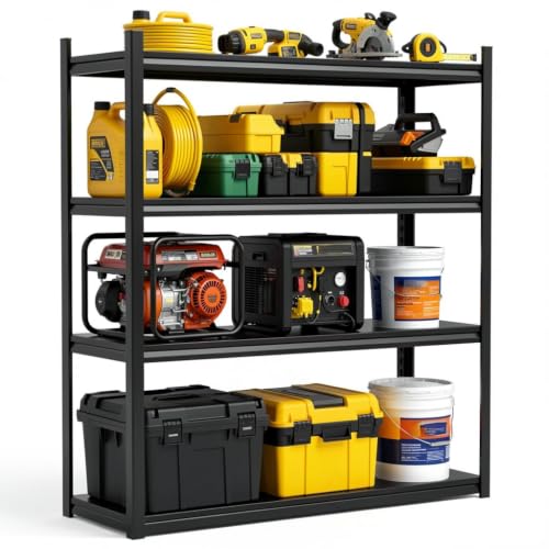 Heavy Duty Garage Shelving, 4-Tier Metal Garage Storage Shelves, Adjustable Steel Shelving Unit, Wide Storage Rack for Garage Warehouse Workshop, Black, 45" W x 18" D x 63" H - size: 4TIER-45"W X 18"D X 63"H