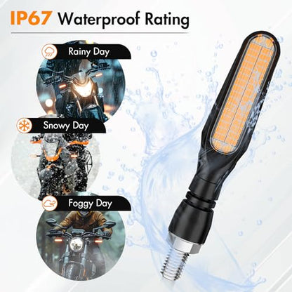 Alopee 4-Pack Sequential LED Motorcycle Turn Signals 12V Flowing IP67 Waterproof Front and Rear Directional Lights High Visibility Universal Fit for Honda Yamaha American Cruiser Adventure Tourer - size: 4 Pack Turn Signals