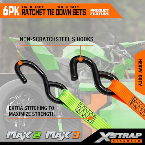 XSTRAP STANDARD 6-PK Ratchet Tie Down Straps, Heavy Duty Motorcycle Straps | 1 Inch 4 x 14ft & 2 x 10ft Tie-down, 3300 lbs Break Strength Cargo Straps with Coated S-Hooks for Moving, Truck, UTV, Trailer
