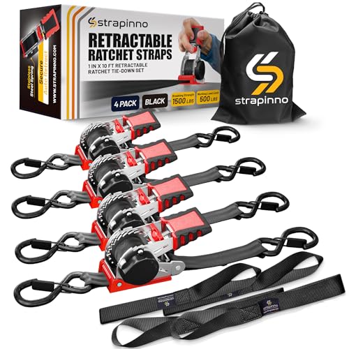Strapinno Retractable Ratchet Straps (4-Pack), 1 in x 10 ft, 1,500LBS Break Strength, Most Durable Straps and Core, Auto Self Retracting Tie Downs for Truck, Moving, Motorcycle, Bike, Jetski, Kayak - color: Black Strap, White Zinc Coated