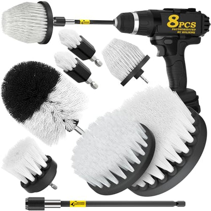 Holikme 8 Piece Drill Brush Attachment Set, Power Scrubber with Extend Long Handle, Cleaning Supplies for Shower, Bathtub, Bathroom, Kitchen (White) - color: White
