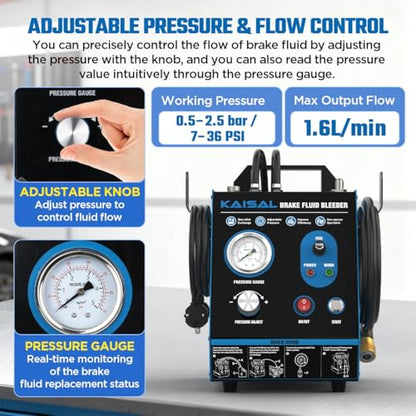Brake Bleeder Kit Automatic 7~36PSI Electric Brake Fluid Bleeder 1.6L/min Flow Airless Vacuum Filling, Adjustable Brake Pressure Bleeder Pump with 3 Master Cylinder Adapter, Fluid Shortage Protection