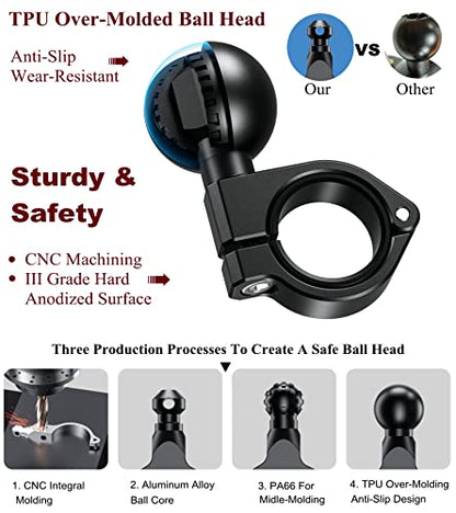 BRCOVAN 1.5'' Ball Mount, Aluminum Alloy Handlebar Clamp Base, Fit for Round Rails 0.875'' / 1'' / 1.125'' / 1.26'' in Diameter, Compatible with RAM Mounts C Size 1.5 Inches Ball Double Socket Arm