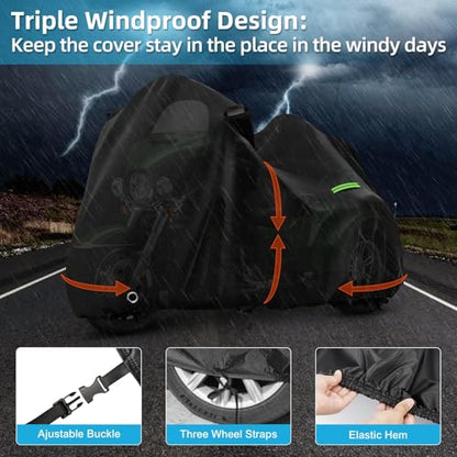 Motorcycle Cover Waterproof for Trike Models Freewheeler/CVO Version/Tri Glide Ultra/Gold Wing Trike, Heavy Duty Sun Rain Outdoor Protection Motorbike Cover with Antenna Zipper & Soft Cotton Lining - size: Trike Motorcycle Cover