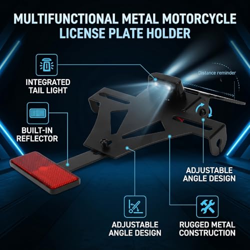 GOTOTOP Motorcycle License Plate Bracket with Integrated Tail Light and Turn Signal Holder Adjustable Angle Metal Reflector for Universal Motorcycle Rear Fitment