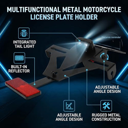 GOTOTOP Motorcycle License Plate Bracket with Integrated Tail Light and Turn Signal Holder Adjustable Angle Metal Reflector for Universal Motorcycle Rear Fitment