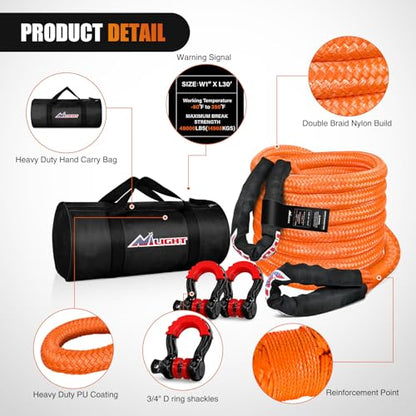 Nilight Kinetic Recovery Tow Rope Kit with 3/4" Anti-Theft D-Ring Shackles 1" x 30ft Heavy Duty Offroad Tow Rope Snatch Strap Towing Strap kit 48,000LBS for UTV ATV SUV Truck Car Jeep Tractor - color: 1in x 30ft Rope+2Pcs Anti-Theft D-Ring Shackles