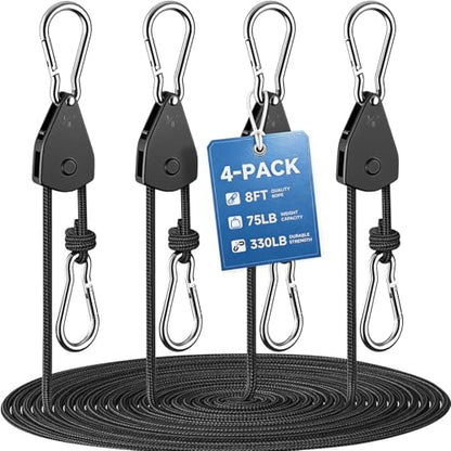Fondwell 1/8" Ratchet Tie Down Ropes: 4-Pack 8 ft Adjustable Grow Light Hangers with Quick Lock/Release Pulley System - 75 lbs Load Small Ratchet Straps Mini for Various Hanging and Strapping - size: 1/8" 4-Pack