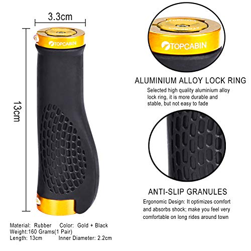TOPCABIN Ergonomic Bike Grips - Widen Holding Rubber Grips with Aluminum LockGrips for Mountain & Road Bikes - color: Aluminum lock plug+Grips (Gold 1 Pair)