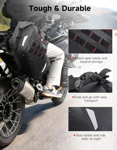 KEMIMOTO IPX6 Waterproof Motorcycle Saddlebags PVC Soft Panniers Side Tail Bag 30L(15Lx2) Motorbike Dirtbike Dual Sport Bike Adventure Travel Luggage Rackless Saddle Bags Black