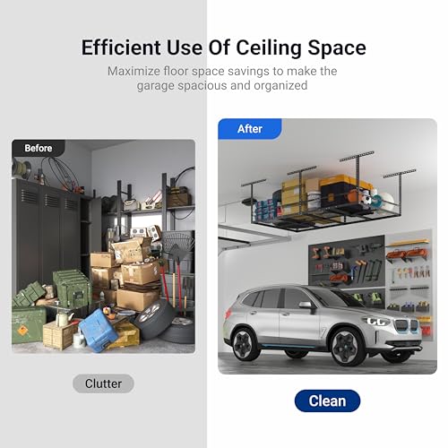 FLEXIMOUNTS 4x8 Overhead Garage Storage Rack with Safety Rails, Hammertone | 750 lbs Capacity, Adjustable 22-40" Height, 3-Sided Guard Rails, Heavy Duty Metal, Ceiling Storage System - color: Hammertone