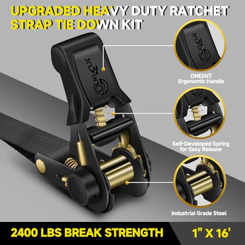 4Pcs Ratchet Tie Down Straps Kit for 2400lb Break Strength | 1” x 16FT Tie Down Straps with Soft Loop Tie-Downs & Safety S Hook - Cargo Strap Tie Down for Trucks, Motorcycle, Moving, Appliances, Black - color: Black