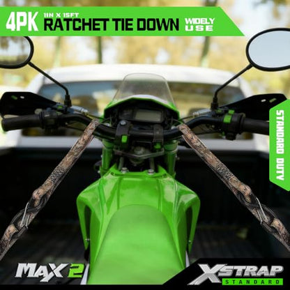 XSTRAP STANDARD 4-Pack Ratchet tie-Down Straps (1" x 15 ft) Feature Integrated Soft Loops, Padded Handles, Coated S-Hooks with Safety Clips, 1890 lbs Break Strength for Motorcycles, Trucks(Camouflage) - size: Camouflage-1890 lbs