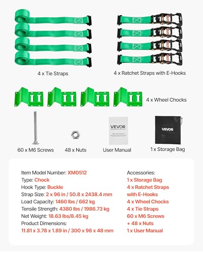 VEVOR Wheel Chock Tie-Down Kit, Chock-Style Trailer Strap, Car Kit with Buckle, Break Strength 4380 lbs & Working Load 1460 lbs Motorcycle Tie-Down System E-Hooks for ATVs, UTVs - style: Chock-Style with 4 sets