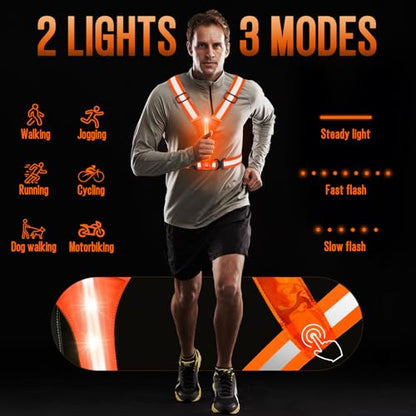 LED Rechargeable Reflective Vest with 11hrs Runtime, Light Up Safety Gear for Night Running Walking Cycling, USB Rechargeable - color: Orange