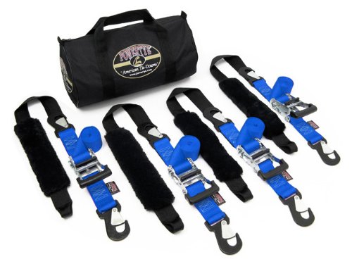 PowerTye 2in x 7ft Premium Trailer Kit with Big Daddy Ratchet Tie-Downs, Secure Hooks, Soft-Tye, & Storage Bag - Made in USA - 1,500 lb. WLL / 4,500 lb. Breaking Strength - Blue (Pair) - color: Blue Strap/Black Soft-Tye