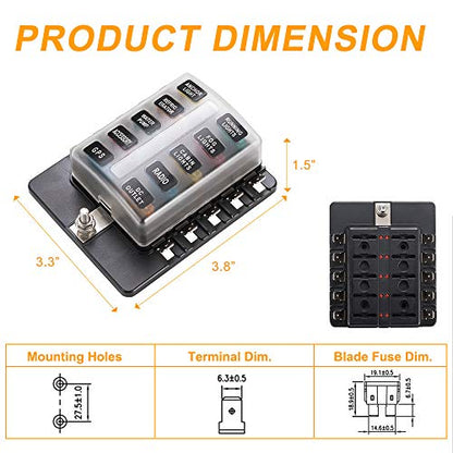 BUNKER INDUST 10-Way Fuse Box Blade Fuse Block Holder with LED Indicator for Blown Fuse Waterpoof Protection Cover for Car Boat Marine Automotive,Include 20Pcs Blade Fuses and 1Pcs DIY Sticker - color: 1Pcs 10-Way Blade Fuse Box