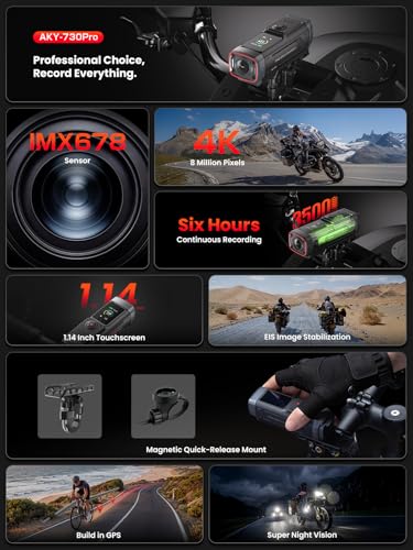 AKEEYO AKY-730Pro 4K Motorcycle/Bike Dash Cam,60FPS Action Camera with EIS Stabilization,1.14" Touchscreen, Built-in GPS, IP66 Waterproof, Up to 6 Hours of Battery Life,Loop Recording,Parking Monitor