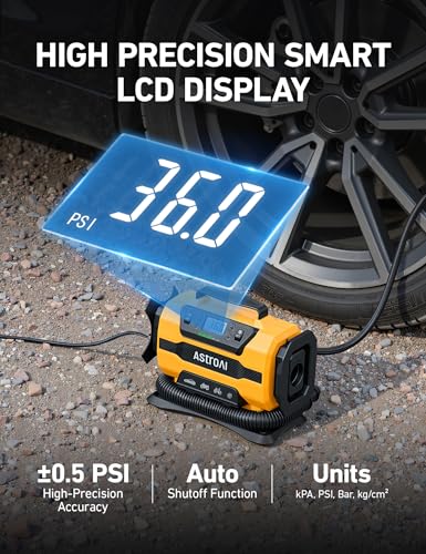 AstroAI Tire Inflator Portable Air Compressor, 150PSI 12V DC/110V AC Air Pump with Dual Metal Motors & LED Light, Two Modes for Car Tires, Bikes, Air Mattresses & Home Use, Compact Design, Yellow