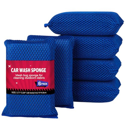 AIDEA Car Wash Sponge, Microfiber Large Bug and Tar Remover for Cars, Non Scratch Reusable Mesh Car Wash Sponges, 6PK, Blue, 5.71 * 3.54 * 1.89 inch