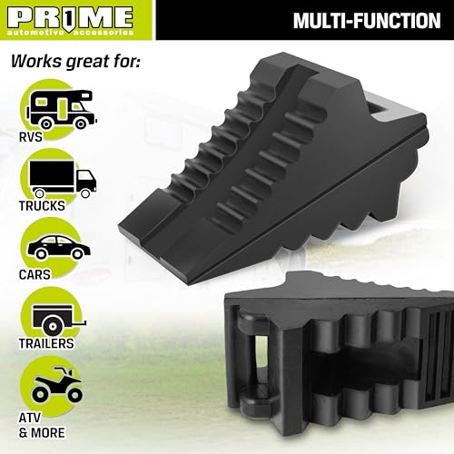 Prime 1 PR1ME Heavy Duty Rubber Wheel Chocks, Rubber Tire Blocks, RV Solid Rubber Wheel Wedge Blocks, 2 Pack Black 8.6" x 3.7" x 4.7", Carrying Handle, for Travel Trailer, Camper, RV, Truck