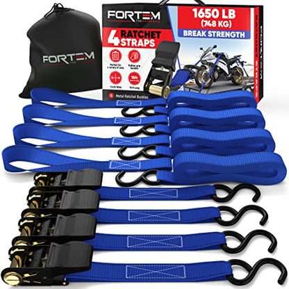 FORTEM Ratchet Straps, Tie Down Strap Set 1650lb Break Strength, 4 Pack 15ft x 1in, 4 Soft Loops, Moving Straps Tie Downs, Cargo Cam Buckles for Trucks, Carry Bag, for Men - color: Blue