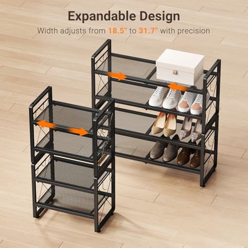 ELYKEN Shoe Rack, 4-Tier Expandable Shoe Organizer for Entryway, Metal Black Shoe Shelf with 8 Hooks, Adjustable Shoe Stand Holder for Closet, Garage, Door Entrance - size: 4-Tier