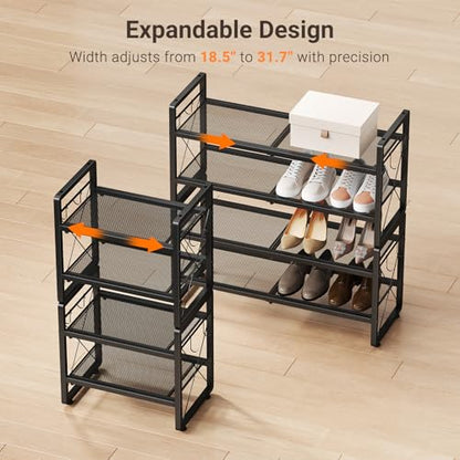 ELYKEN Shoe Rack, 4-Tier Expandable Shoe Organizer for Entryway, Metal Black Shoe Shelf with 8 Hooks, Adjustable Shoe Stand Holder for Closet, Garage, Door Entrance - size: 4-Tier