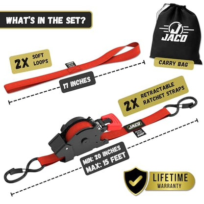 JACO Retractable Ratchet Straps - 1 in x 15 ft (2-Pack) (1,760lbs Break Strength) | Auto Self Retracting Cargo Tie Down Strap Set (Red) - color: Red, size: 2-Pack