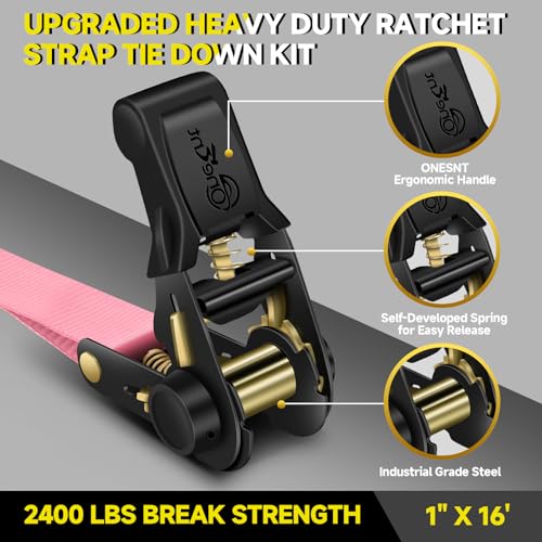 4Pcs Ratchet Tie Down Straps Kit for 2400lb Break Strength | 1” x 16FT Tie Down Straps with Soft Loop Tie-Downs & Safety S Hook - Cargo Strap Tie Down for Trucks, Motorcycle, Moving, Appliances - Pink - color: Pink
