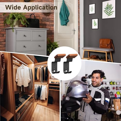 2 Pcs Motorcycle Helmet Holder, Wall Mount Beech Wood & Carbon Steel Motorcycle Gear Storage Rack Organizer, Short Helmet Hanger with Double Hook, for Home Garage Display