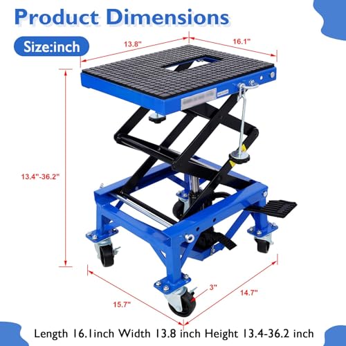 Hydraulic Motorcycle Lift Table, 350 lbs Capacity Scissor Jack Lift with Wide Deck, J-Hooks, 4 Wheels, Foot-Operated Jack Stand for ATV Dirt Bikes (Blue) - color: Blue
