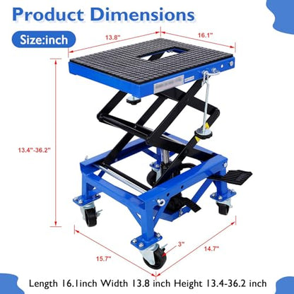 Hydraulic Motorcycle Lift Table, 350 lbs Capacity Scissor Jack Lift with Wide Deck, J-Hooks, 4 Wheels, Foot-Operated Jack Stand for ATV Dirt Bikes (Blue) - color: Blue