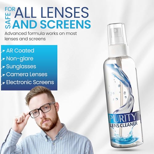 Purity Eyeglass Lens Cleaner Kit - 3 x 2oz Travel Size Lens Cleaner Spray Bottle + 2 Microfiber Cleaning Cloths - Safe for All Lenses (AR Coated Included), Eyeglasses and Screens - Clear - style: 5 Piece Set - 3 (2oz Lens Spray) + 2 (Microfiber Cloth)