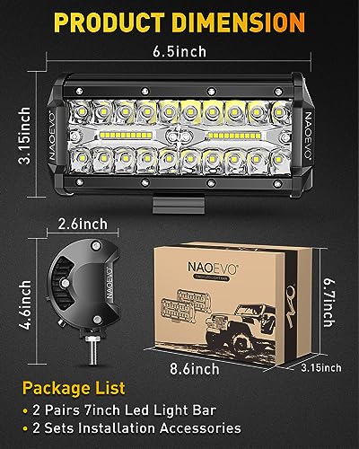 NAOEVO 7 Inch LED Light Bar, 480W 48,000LM LED Offroad Fog/Driving Lights with Spot Flood Combo Beam, Work for Truck Boat ATV UTV, 4 Pcs (White) - size: 4 Pcs