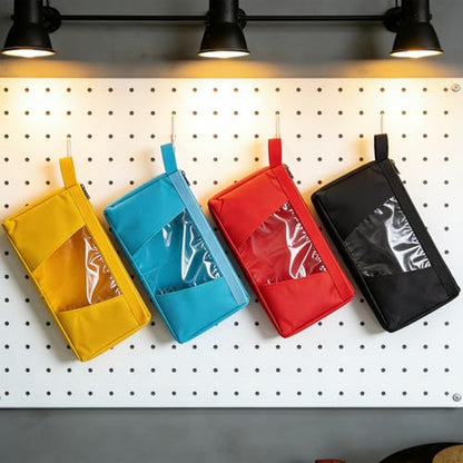 QCWN 4 Pack Tool Pouches with Zipper - 13.7" Heavy Duty 1680D Small Tool Bag with Clear Window - Waterproof Utility Storage Organizer for Electrician, HVAC, Mechanic (Red/Yellow/Blue/Black) - color: 4 Pack Red+Yellow+Blue+Black