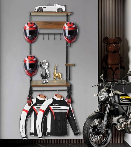NANXITU Motorcycle Helmet Rack Wall Mount, Retro Rust Helmet Holder with Wood Floating Shelf and Hooks for Storage
