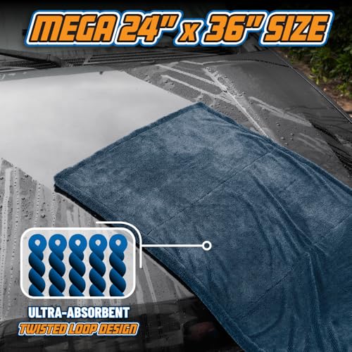 Chemical Guys Megalodon Microfiber Drying Towel with Twisted Loop Technology, Super Plush Absorbent 24" x 36" Microfiber Towel for Cars, Trucks, SUVs, RVs, and More, Extra Large Dark Blue Drying Cloth - style: 24" x 36"