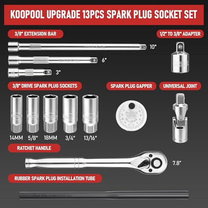 13pc 3/8" Spark Plug Socket Set with Installation Tube, 3/8" Drive Ratchet Wrench,3 Extension Bars(3",6",10")，Spark Plug Socket Sets, Gap Tool, U Joint,1/2" to 3/8" Adapter (13pcs) - style: Standard Set