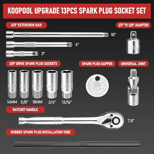 13pc 3/8" Spark Plug Socket Set with Installation Tube, 3/8" Drive Ratchet Wrench,3 Extension Bars(3",6",10")，Spark Plug Socket Sets, Gap Tool, U Joint,1/2" to 3/8" Adapter (13pcs) - style: Standard Set