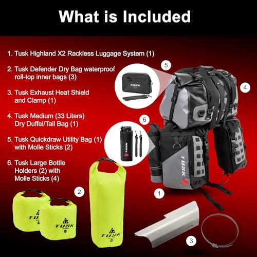 TUSK Highland X2 Rackless Luggage System w/Medium Dry Duffel/Large Bottle Holders Compatible with KTM/Husky 690-701 Heat Shield Black/Grey - color: Black/Grey, size: Medium Dry Duffel/Large Bottle Holders, style: Ktm/Husky 690-701 Heat Shield