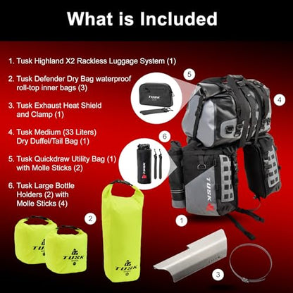 TUSK Highland X2 Rackless Luggage System w/Medium Dry Duffel/Large Bottle Holders Compatible with KTM/Husky 690-701 Heat Shield Black/Grey - color: Black/Grey, size: Medium Dry Duffel/Large Bottle Holders, style: Ktm/Husky 690-701 Heat Shield