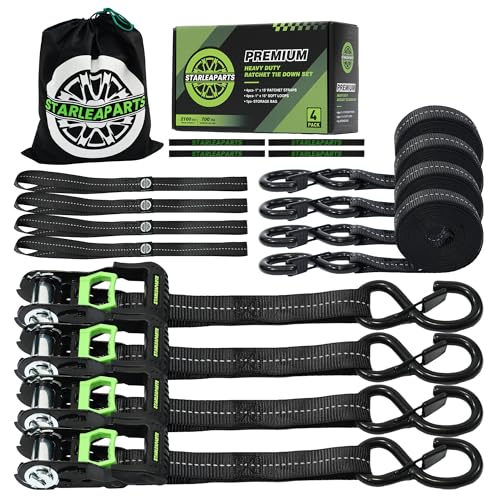Motorcycle Tie Down Strap (4PK) - 2,100lb Break Strength Premium 15ft Ratchet Tie Down Straps Set, Soft Loop Ratchet Straps for Moving Appliances, Lawn Equipment, Cargo Straps for Trucks (Black) - color: Black, size: 2100lb - 15ft