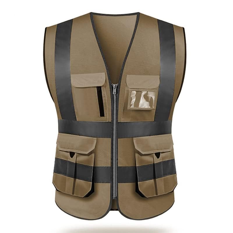 High visibility reflective safety vest multi pockets Hi-vis vest workwear safety waistcoat with reflective strips - color: Brown, size: Small