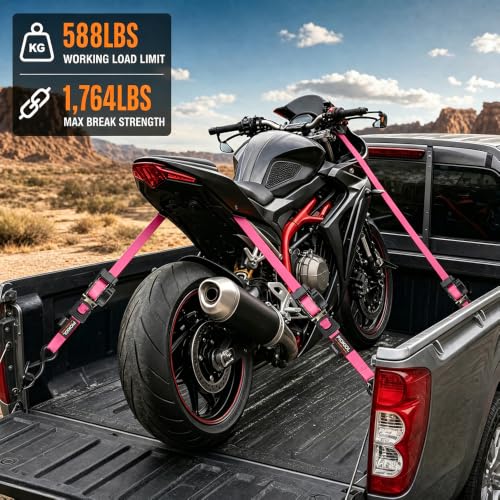 Retractable Ratchet Straps (4-Pack) - 1 Inch x 10 Feet (1,764lb Break Strength) - Heavy Duty Auto Self Retracting Tie Down Straps for Truck, Cargo Trailer, Motorcycle, ATV, UTV – Pink - color: Pink