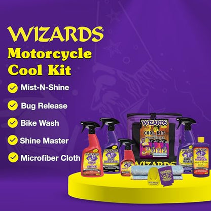 Wizards Motorcycle Cool Kit 22700 – Complete 82 oz Detailing Set with Mist-N-Shine, Bug Remover, Bike Wash, Polish, Microfiber Cloth – Professional Exterior Cleaning Supplies and Care Accessories